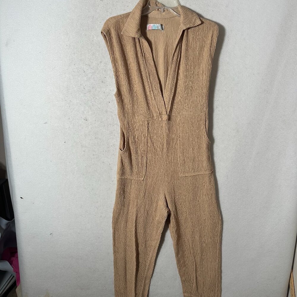 FP Beach romper‎ jumpsuit sz XS Carousel Ribbed tan Free People v neck one piece